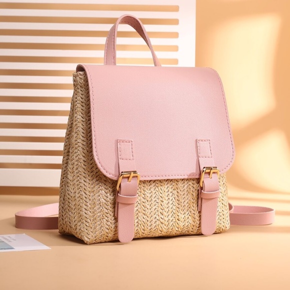 Boho Pink Vegan Leather Straw Mini Backpack - Picture 4 of 5